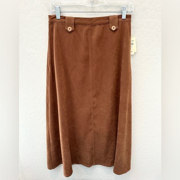 COLDWATER CREEK Faux Suede Skirt Brown A-Line Tab Waist NWT Fall Maxi Petite 8 - Picture 1 of 7